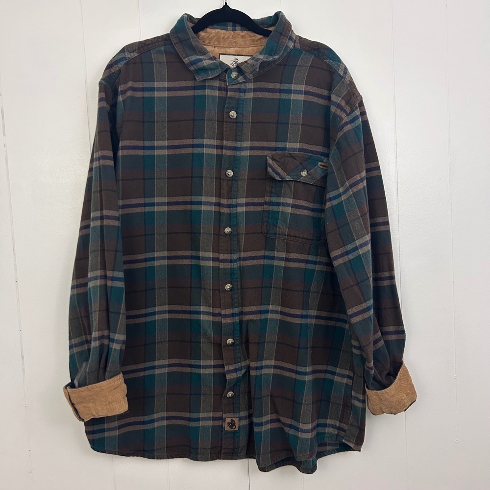 Legendary Whitetails Mens XL Plaid Flannel Shirt Corduroy Trim Brown Teal 6464